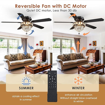Asyko 52" Low Profile Crystal Ceiling Fan Fandelier with Lights and Remote Control- Retro/Farmhouse Ceiling Fans with Noiseless DC Motor, Flush Mount Ceiling Fan Light for Dining Room,Bedroom