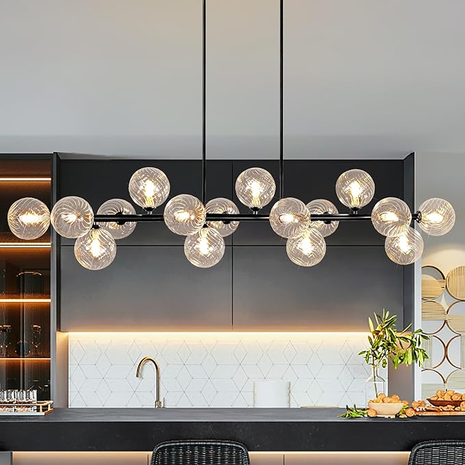 16-Light Linear Chandelier,55" Black Sputnik Chandeliers Clear Globe Modern Chandeliers for Dining Room Light Long Large Chandelier Sputnik Ceiling Light Fixture Pendant Lights Kitchen Island