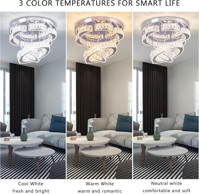 15.7" Modern Crystal Chandelier with Remote 2 Rings Round Flush Mount Ceiling Light Flower LED Dimmable Chandeliers for Bedroom Living Room Dining Room Dimmable