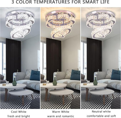 15.7" Modern Crystal Chandelier with Remote 2 Rings Round Flush Mount Ceiling Light Flower LED Dimmable Chandeliers for Bedroom Living Room Dining Room Dimmable