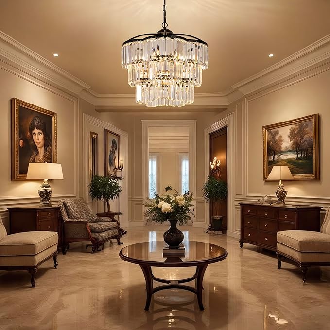 Black Crystal Chandelier - 3 Tiered Adjustable Modern Pendant Light for Dining Room Foyer Living Room Bedroom Kitchen Entryway (6 Lights)