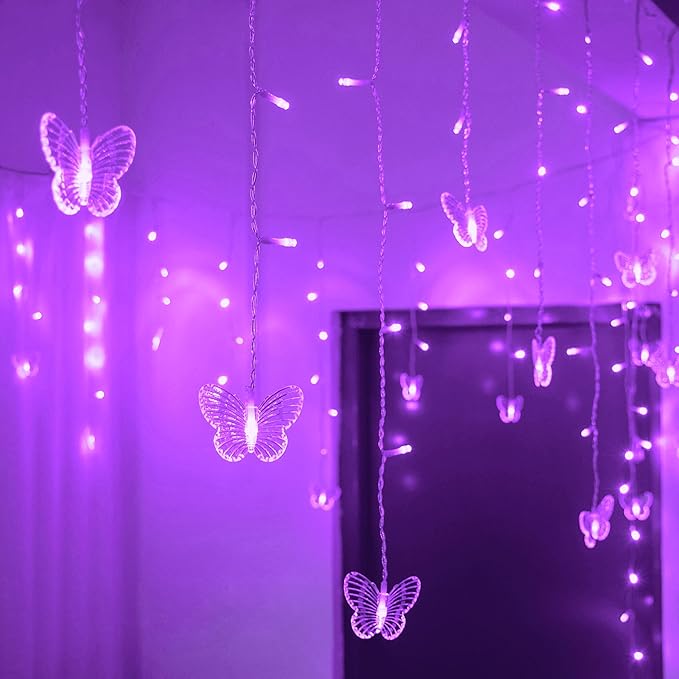 YOLIGHT Butterfly Curtain Lights 13ft 96 LED Fairy Lights 8 Modes String Lights with Remote, Butterfly Hanging Decoration for Girls Room Bedroom Wall Ceiling Party Wedding Holiday Christmas (Purple)