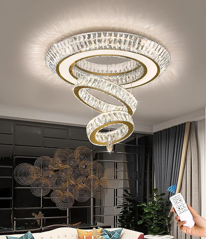 Led 32'' Gold Ring Chandelier,Modern Luxury Crystal Chandelier for Dining Living Room 3-Tier Raindrop Chandeliers Lighting LED 3000-6000K Infinity Dimmable
