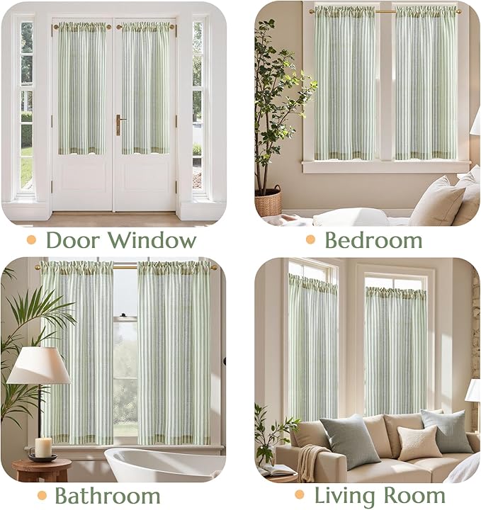 jinchan Striped Linen Kitchen Curtains 45 Inches Length Tier Curtains Farmhouse Modern Cafe Style Small Window Treatments Airy Light Filtering Rod Pocket for Living Room Bathroom 2 Panels Sage Green
