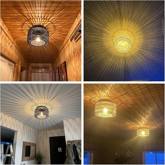 SineRise Rattan Ceiling Light Fixtures (12-Inch, LED Bulb Included), Hand-Woven Boho Flush Mount Ceiling Light, Rattan Chandelier for Hallway Kitchen Farmhouse Foyer Entryway Living Room(Black)