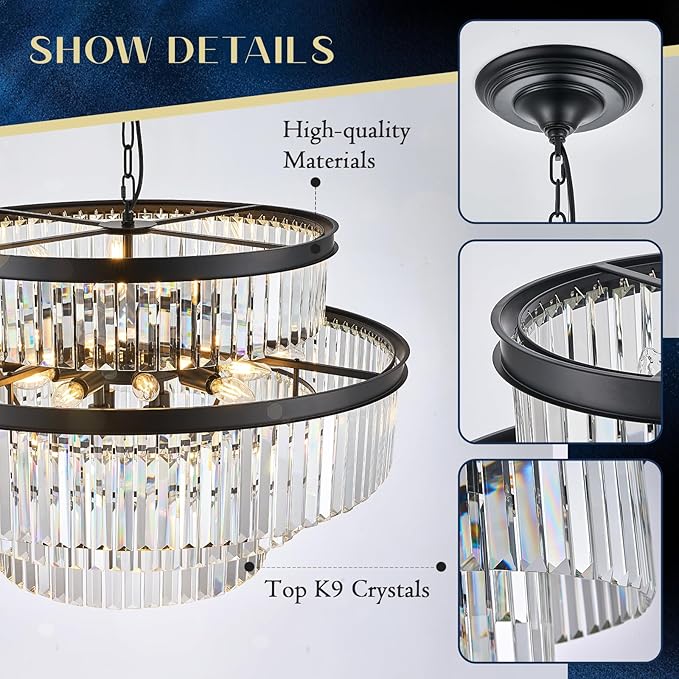 Large Black Crystal Chandeliers 20 Lights 31" Luxury 4-Tier K9 Crystal Lighting Modern Round Ceiling Pendant Light Fixture for Foyer Staircase Living Room Dining Room
