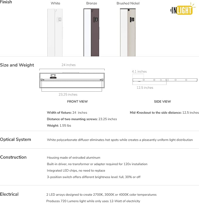 Getinlight 24-inch 3 Color Levels LED Under Cabinet Lighting, Hardwired or Plugged-in, Selectable White 2700K/3000K/4000K, Dimmable, Bronze Finished, IN-0210-3-BZ