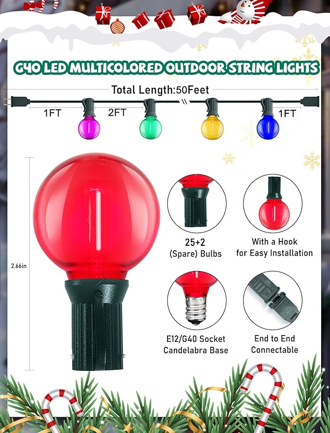 G40 LED Christmas String Lights, 50FT Christmas G40 String Lights with 27 Shatterproof G40 LED Clear Multicolor Bulbs, Outdoor Decoration Lights for Patio Backyard Roofline Garden Yard