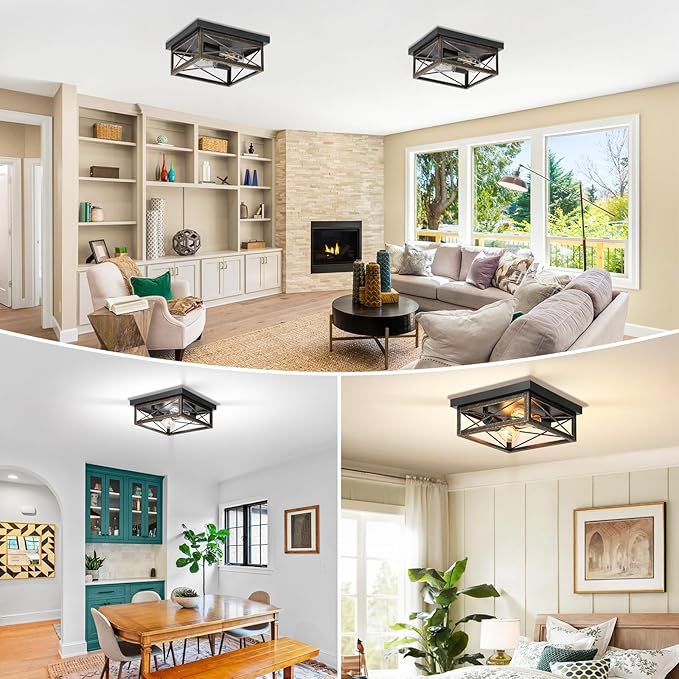 Oil Rubbed Bronze Hallway Light Fixtures Ceiling, 2-Light Farmhouse Industrial Flush Mount Ceiling Lights, 2-Pack Metal Kitchen Light Fixtures, Close to Ceiling Lights for Bedroom Living Room Entryway