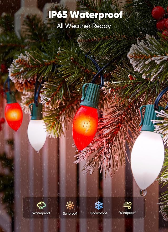 C9 LED Christmas Lights Outdoor, 50 Feet String with 50 Shatterproof Matte Bulbs, Connectable Waterproof Tree Lights for Holiday Roofline Backyard Garden Decor, Red & Pure White