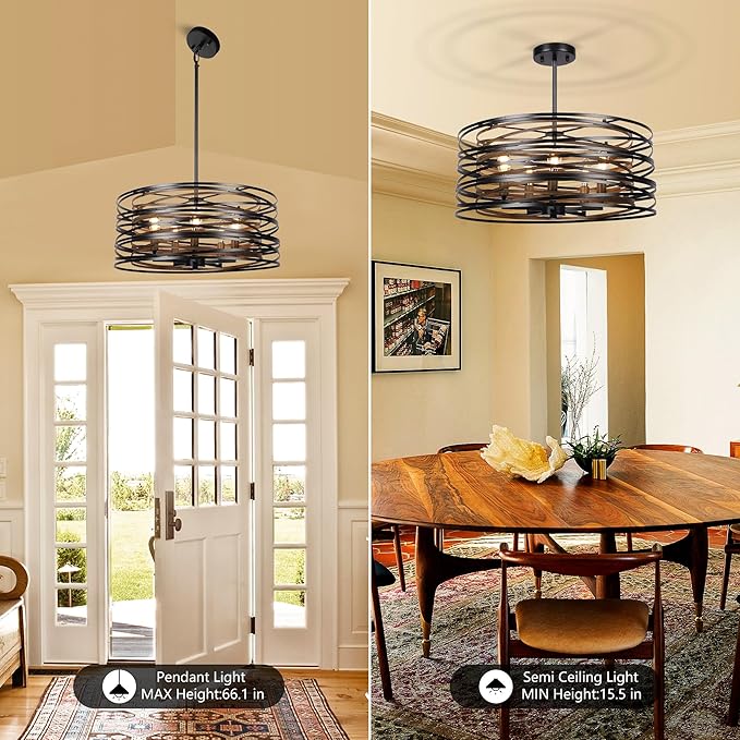 Sigaitwei 5-Light Drum Chandelier for Dining Room，19.7" Rustic Farmhouse Dining Room Light Fixture，Wood Grain and Vintage Black Metal Chandeliers for Kitchen Entryway Living Room
