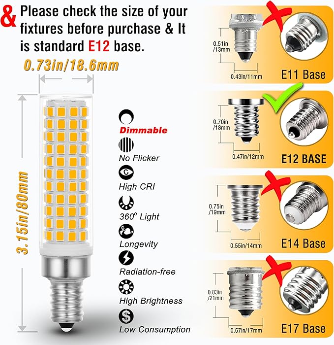 ALIDE Dimmable E12 100 Watt Equivalent LED Candelabra Bulbs C7,2700K Warm White,1000LM T6 E12 10W LED Ceil Fan Light Bulbs for Chandelier Pendant Lighting Salt Lamp,5 Pack
