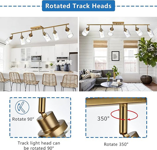 MELUCEE 6 Light Bathroom Vanity Light Fixtures Multi-Directional Rotating Track Lighting Kit Brass, 45.3 Inch Ceiling Spotlight Fixture for Kitchen Foyer Bath, Clear Glass Shade