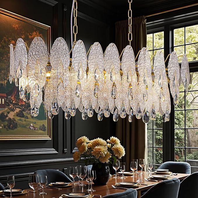 40-inch Gold Rectangle Chandelier for Dining Room,Modern Luxury Chandeliers,Linear Glass Pendant Hanging Lighting Fixture for Kitchen Island,L39.4'' × W13.8'' × H12.2''