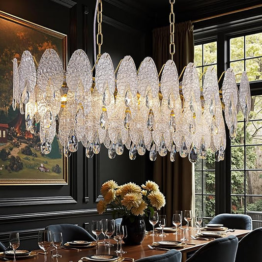 40-inch Gold Rectangle Chandelier for Dining Room,Modern Luxury Chandeliers,Linear Glass Pendant Hanging Lighting Fixture for Kitchen Island,L39.4'' × W13.8'' × H12.2''