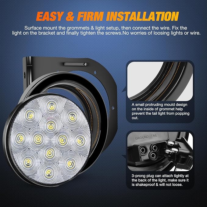 Nilight 4Inch Round Trailer Tail Light with flush Mount Grommets Plugs w/Mounting Brackets 2PCS White Waterproof Reverse Back Up Lights for RV Truck