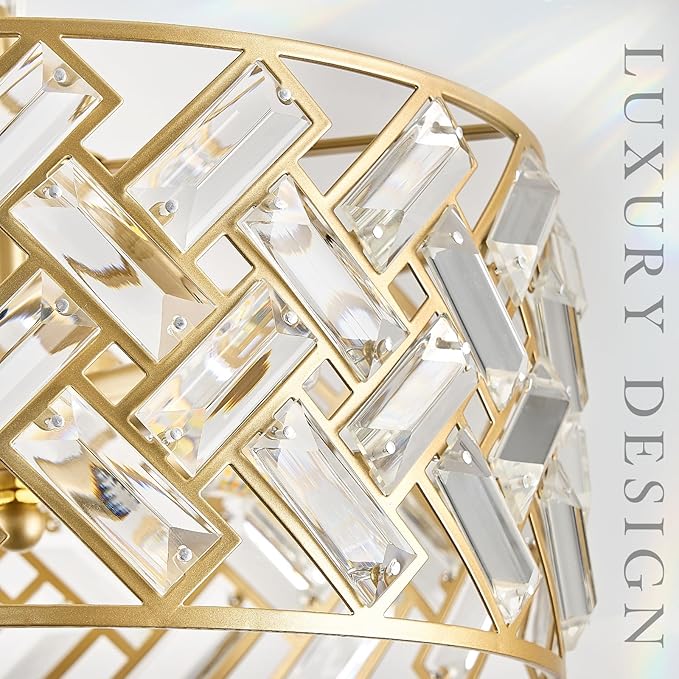 Modern Gold Crystal Chandeliers, Small Semi Flush Mount Chandelier 4-Ligh 12'' Drum Crystal Pendant Light Fixture for Foyer Entryway Kitchen Hallway Dining Room