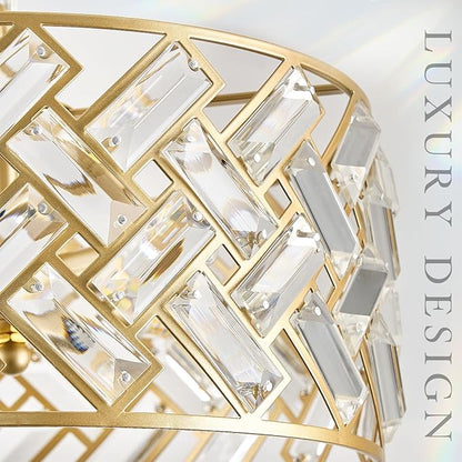 Modern Gold Crystal Chandeliers, Small Semi Flush Mount Chandelier 4-Ligh 12'' Drum Crystal Pendant Light Fixture for Foyer Entryway Kitchen Hallway Dining Room