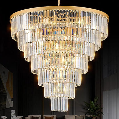 Large Crystal Chandelier Modern Gold 36" Round Chandeliers for Staircase 22 Lights 7-Tier Luxury K9 Crystal Ceiling Pendant Light Fixture for High Ceiling Living Room Foyer