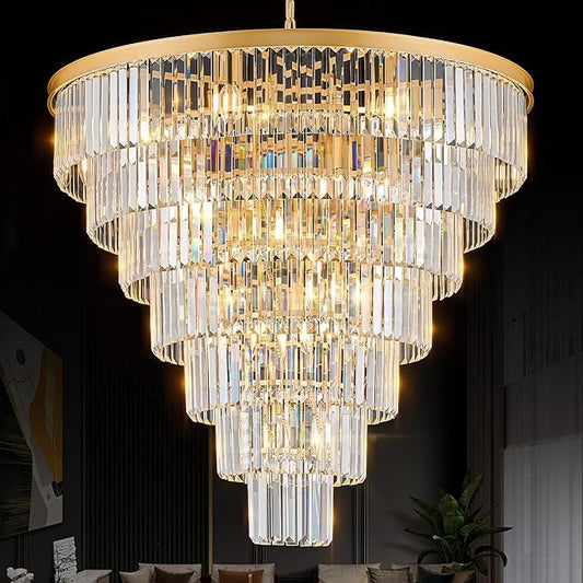 Large Crystal Chandelier Modern Gold 36" Round Chandeliers for Staircase 22 Lights 7-Tier Luxury K9 Crystal Ceiling Pendant Light Fixture for High Ceiling Living Room Foyer