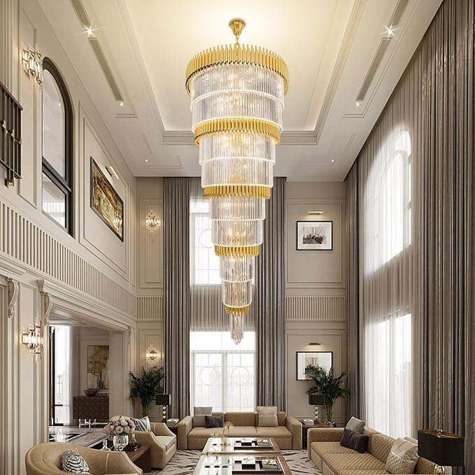 Extra Large 9-Tier Gold Crystal Chandelier Long Stair Chandeliers Luxury Empire Crystal Chandelier Lighting for High Ceiling Entryway Foyer Grand Hotel Lobby 31-Light H84 x W40