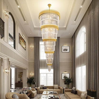 Extra Large 9-Tier Gold Crystal Chandelier Long Stair Chandeliers Luxury Empire Crystal Chandelier Lighting for High Ceiling Entryway Foyer Grand Hotel Lobby 31-Light H84 x W40