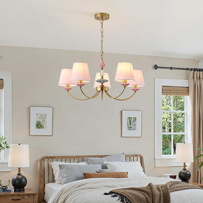 Pink Chandelier for Bedroom Light Fixture, Brushed Gold Art Deco Chandelier with Fabric Shade,Antique Modern Chandeliers paired with Ceramic for Girls Bedroom，Living Room，Dining Room