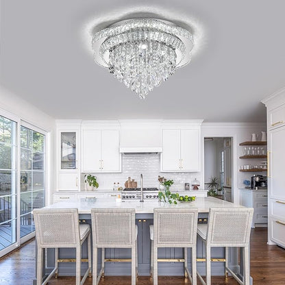 24" Sliver Crystal LED Ceiling Light Fixture with Remote Control,Flush Mount Chandelier with 3-Color Dimmable for Living Room Bedroom Dining Room Hallway - Modern Flower Design