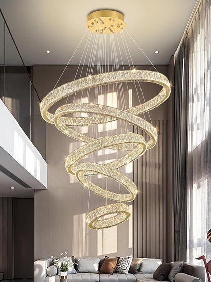 Modern 5 Ring Chandeliers for High Ceiling Foyer,Luxury Dimmable Crystal Ceiling Light Fixtures Staircase Entrance Villa Large Gold Chandelier D8''+15.7"+23.6"+31.5"+39.4"