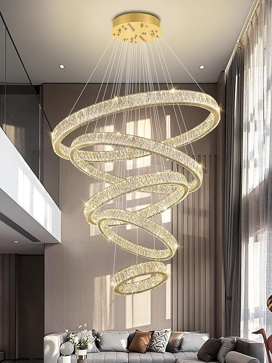 Modern 5 Ring Chandeliers for High Ceiling Foyer,Luxury Dimmable Crystal Ceiling Light Fixtures Staircase Entrance Villa Large Gold Chandelier D8''+15.7"+23.6"+31.5"+39.4"