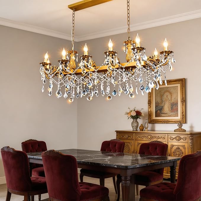 Rectangle Crystal Chandeliers Extra large modern Chandelier Island Lighting 12 Lights Candle Pendant Rectangle Hanging Ceiling Light Fixture for Dining Room Living Room Kitchen Island Entry L51.95