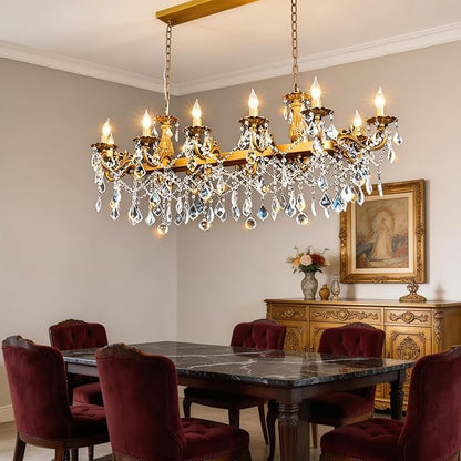 Rectangle Crystal Chandeliers Extra large modern Chandelier Island Lighting 12 Lights Candle Pendant Rectangle Hanging Ceiling Light Fixture for Dining Room Living Room Kitchen Island Entry L51.95
