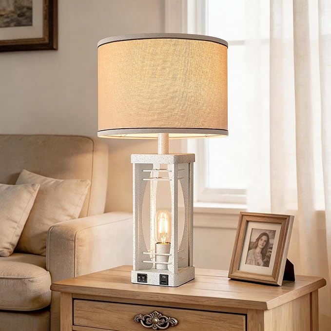 SRJJA Farmhouse Table Lamps Set of 2 for Living Room, Modern Industrial Bedside Lamps with USB A+C Charging Ports, 22.5" Dual Light Nightstand Lamp with Linen Shade for Bedroom End Tables