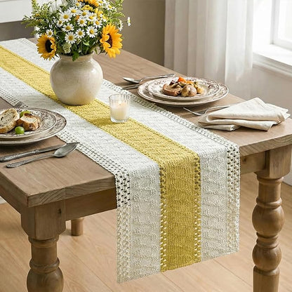 Artoid Mode Yellow Farmhouse Rustic Table Runner, Seasonal Holiday Hollow Kitchen Dining Table Decoration for Home Party Decor 12x36 Inch