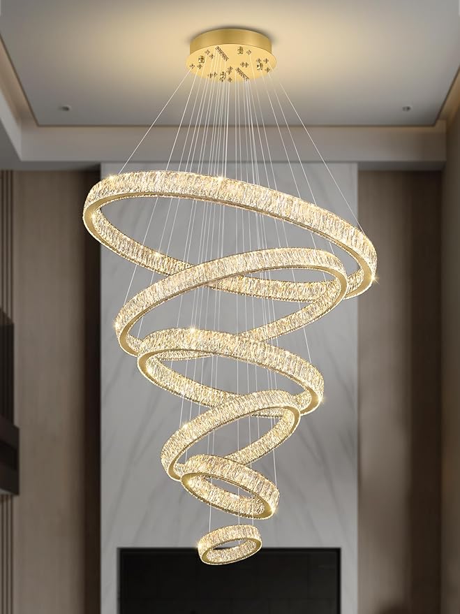 Extra Large Ring Chandelier Modern LED Gold 6 Ring Chandelier for High Ceiling Long Stair Crystal Chandeliers D8+15.7"+23.6"+31.5"+39.4"+47.5"