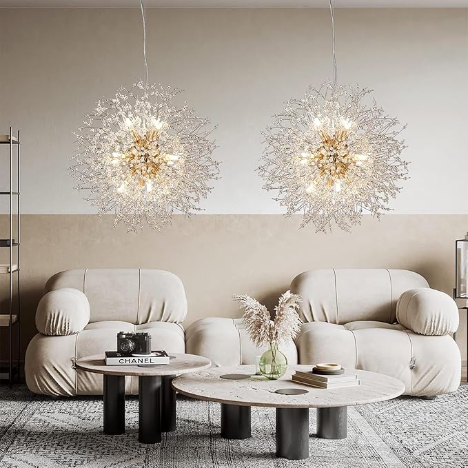 Firework Crystal Chandeliers, 12 Lights Modern Sputnik Chandelier, Gold Dandelion Pendant Light Fixture for Kitchen Island Dining Room Bedroom