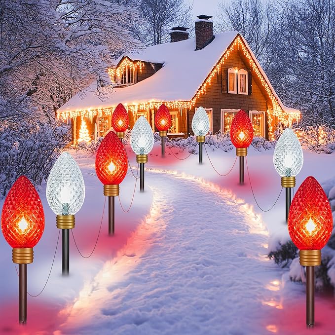 Brightown Super Jumbo C9 Christmas Pathway Lights Outdoor - 2 Pack Total 22FT 10 LED Strawberry Jumbo C9 Pathway Light, Giant Christmas Lights Outdoor Decorations for Lawn Outside, Red & Pure White