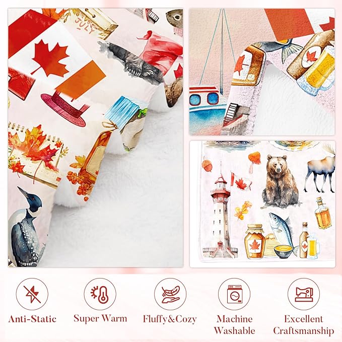 Canadian Blanket Gifts for Women and Men, Canadian Flag Maple Leaf Print Blankets, Cozy Flannel Canadian Themed Blanket for Holiday, Birthday Gifts for Christmas Thanksgiving Day 50x60in