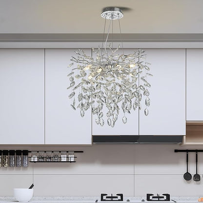 Modern Crystal Tree Branches Chandelier, 18in Silver 6 Lights Large Ceiling Hanging Light for Dining Room, Round Raindrop Pendant Light Fixture
