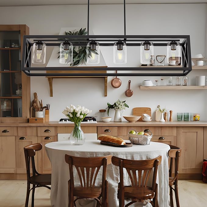 Farmhouse Dining Room Light Fixture - 6 Light Kitchen Island Lighting with Adjustable Height & Thickened Metal Dining Room Light Fixture Over Table，Chandeliers for Dining Room&Kitchen Island