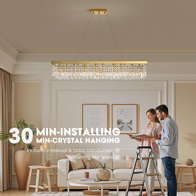 Gold Modern Crystal Chandeliers for Dining Room Light Fixture, 10-Light Rectangle Chandelier for Kitchen Island Living Room, L47.2 Inch