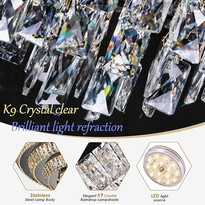 30 inch Crystal Flush Mount Black Chandelier, Modern Raindrop LED Ceiling Light, 3CCT Dimmable & Brightness Adjustable,Remote/APP ,Elegant Chandeliers for Bedroom Hallway Dinning Room Living Room