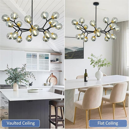 Depuley Glass Globe Sputnik Chandelier: 20-Light Modern Matte Black and Gold Ceiling Light Fixture - Vintage Hanging Chandeliers for Living Room Kitchen Dining Room Bedroom (Included G9 Bulbs)