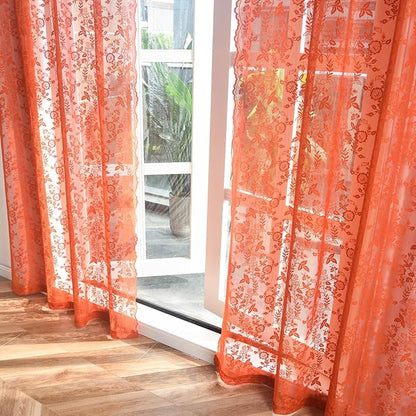 Burnt Orange Sheer Curtains 63 Inch Length for Bedroom 2 Panels Rustic Leaf Floral Scalloped Edge Vintage Rust Sheer Lace Curtains, Rod Pocket Privacy Window Lacy Curtain Drapes, 42 x 63 Inch
