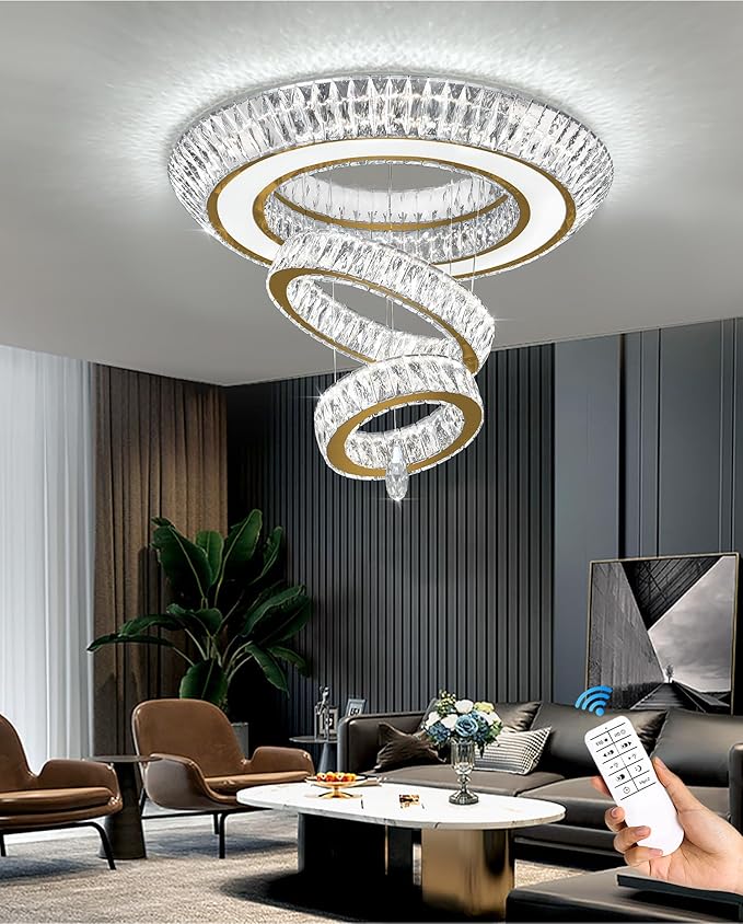 Led 32'' Gold Ring Chandelier,Modern Luxury Crystal Chandelier for Dining Living Room 3-Tier Raindrop Chandeliers Lighting LED 3000-6000K Infinity Dimmable