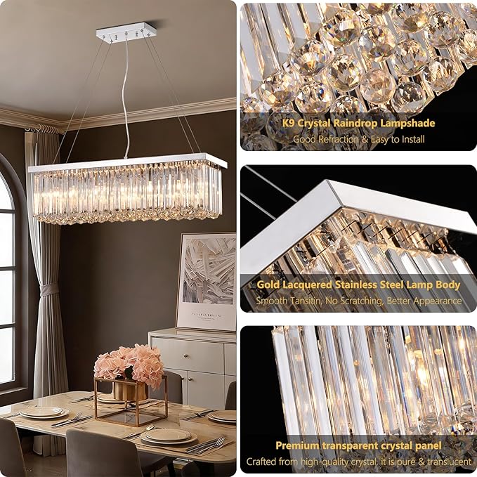Modern Silver Rectangular Crystal Chandelier, Dining Room Chandeliers Over Table, Luxury Chrome Pendant Ceiling Light Fixtures for Kitchen Island, Living Room, Bar of CRYSTOP