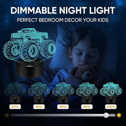 BASSI Monster Trucks Night Light for Boys, 3D LED Optical Illusion Lamp with Remote Control, 16 Colors Change Perfect Birthday Party Decor Idea for Boys, Kids, and Teens