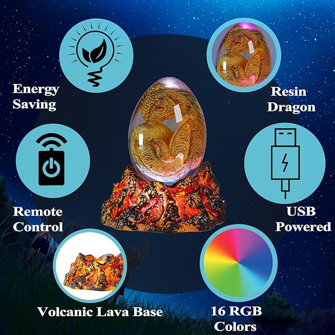 Dragon Night Light, Resin Dragons Lamp with Upgraded Volcanic Lava Base, Remote 16 Colors Flashing RGB Dimmable for Birthday Xmas Cool Figurines Dragon Gifts for Room Decor Boys Girls