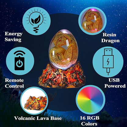 Dragon Night Light, Resin Dragons Lamp with Upgraded Volcanic Lava Base, Remote 16 Colors Flashing RGB Dimmable for Birthday Xmas Cool Figurines Dragon Gifts for Room Decor Boys Girls