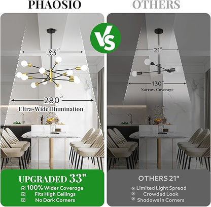 Sputnik Chandelier 12-Light, Mid Century Modern Height Adjustable Ceiling Light Fixture for Dining Room, Kitchen Island, Living Room,Bedroom-Black and Gold